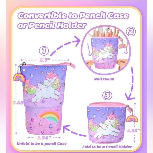 Unicorn Telescopic Standing Pencil Case Kids Large Capacity NEW - Picture 2 of 6